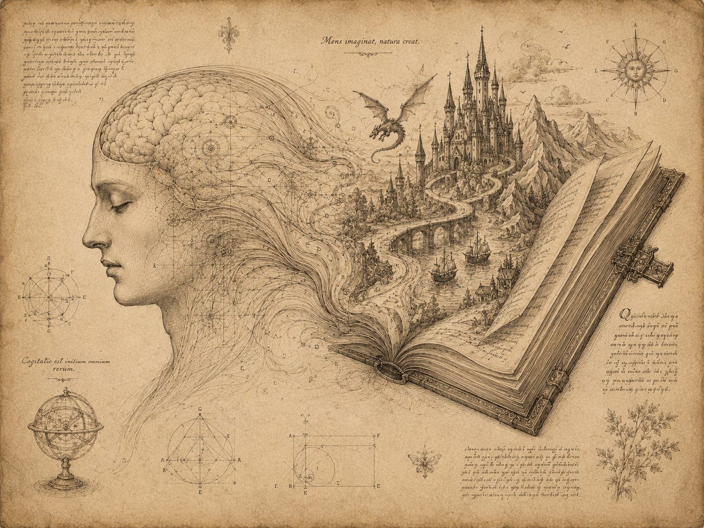 Illustrazione di una mente che immagina un mondo narrativo da un libro aperto